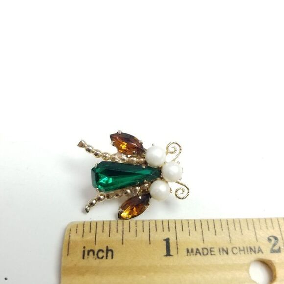 Vintage Little Fly Insect Bug Brooch, Rhinestone Body Faux Pearls, Retro Estate - Picture 3 of 6